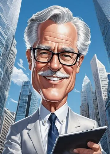 Uncle Bob, mature gentleman, clean-shaven face, silver hair, glasses, classic suit, white shirt, dark tie, holding a tablet, standing, modern architecture, skyscraper, glass and steel structure, citys