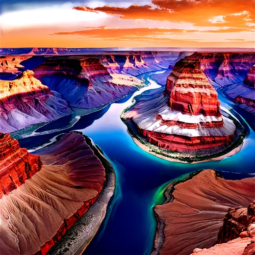 Grand Canyon, USA, vast landscape, layered rock formations, Colorado River, blue sky, fluffy white clouds, warm sunlight, golden hour, panoramic view, wide-angle lens, cinematic composition, vibrant c