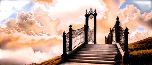 Heavenly scenery, stairway to clouds, puffy white clouds, golden light, soft mist, majestic gates, shimmering stars, gentle breeze, delicate feathers, harp strings, peaceful atmosphere, warm color ton