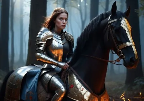 female knight with full old plate armour decorated by gold and red element pattern , blue eyes , Spreading her brown hair and  , on the mysterious black horse , be in the dark forest , full of high an