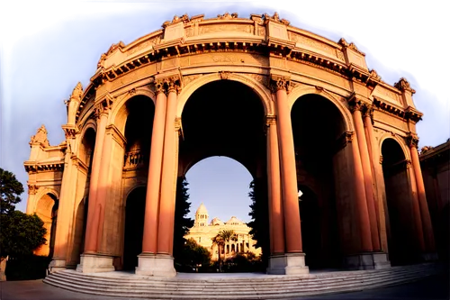 triumphal arch,neoclassical,three centered arch,fisheye lens,classical architecture,columns,360 ° panorama,round arch,presidio,jefferson monument,pillars,three pillars,stanford university,half arch,marble palace,roma,arch,arc de triomphe,griffith observatory,arco,Illustration,Retro,Retro 18