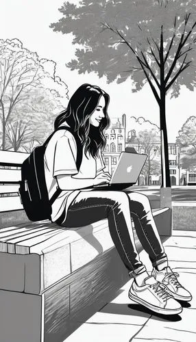 Young architectural design major, Lafayette University, casual outfit, ripped jeans, white graphic t-shirt, black sneakers, backpack, books, laptop, coffee cup, sitting on a bench, campus scenery, bri