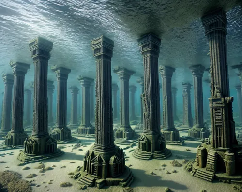 pillars,sunken church,roman columns,ocean floor,underwater landscape,columns,ocean underwater,underwater playground,undersea,basalt columns,imperial shores,sea trenches,underwater oasis,seabed,atlantis,ancient city,cube sea,continental shelf,artificial island,coral reefs