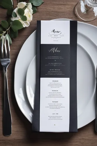 Craft a modern and sleek wedding menu with minimalistic fonts.,place setting,course menu,table cards,catering service bern,christmas menu,menu,fine dining restaurant,silver cutlery,wedding invitation,