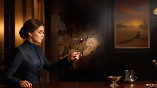 温暖的环境，充满咖啡气息，美味马提尼,a woman wearing dark blue holding a glass,vettriano,glass painting,bellocchio,vidya,maraschino,spy visual