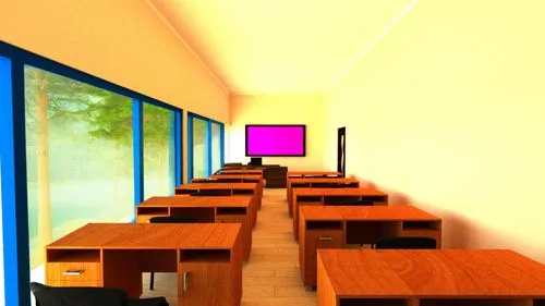 деревья за окном, мониторы и джойстики на столах,classroom,schoolroom,class room,study room,classrooms,3d render,school design,3d rendered,schoolrooms,lecture room,3d rendering,daylighting,lunchroom,s