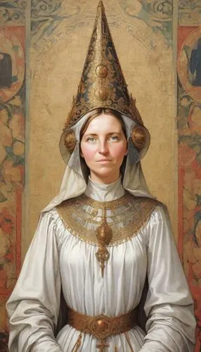 a painting of a woman with a cone on her head, pinterest, renaissance, neo-gothic, intriciate detail, jean christian biville, cone shaped, headpiecehigh quality, traditional female hairstyles, the bac