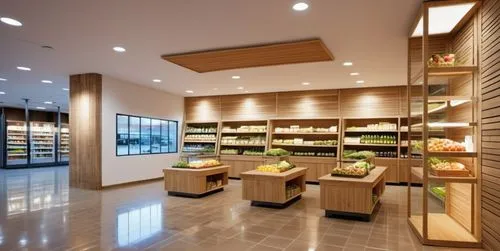 Design a food and beverage sales space with the concept of a supermarket, biophilic style, the right shelf located at the end is converted into a column, fruits and vegetables are placed in the furnit