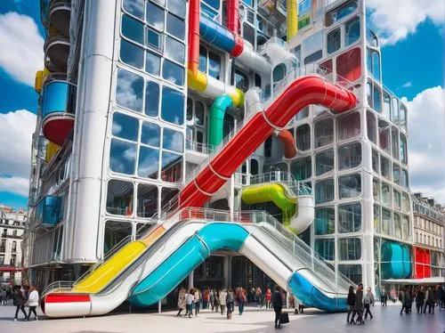 pompidou,beaubourg,mvrdv,triforium,futuristic architecture,colorful facade,duesseldorf,public art,potsdamer platz,bruxelles,hypermodern,europan,broadgate,zeil,colorful city,constructivism,urban design,floridsdorf,grenelle,brussel,Illustration,Abstract Fantasy,Abstract Fantasy 06