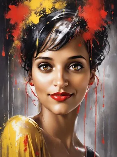 Rolf armstrong style,The image of black Woman with splashes of red, yellow and black paint, rain, abstract art, vibrant colors, high contrast, modern art style, detailed features, dynamic composition,