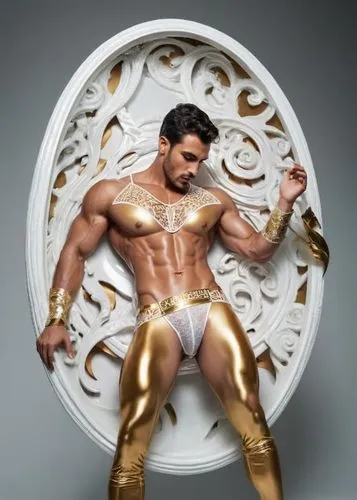 einem glänzenden Latex, fließenden Silikonen-Metall-Wandspiegel, im Stil von Alberto Seveso, der die außergewöhnlichen Fähigkeiten von Akko in einer mystischen Reise darstellt.Exotic Latino muscular a