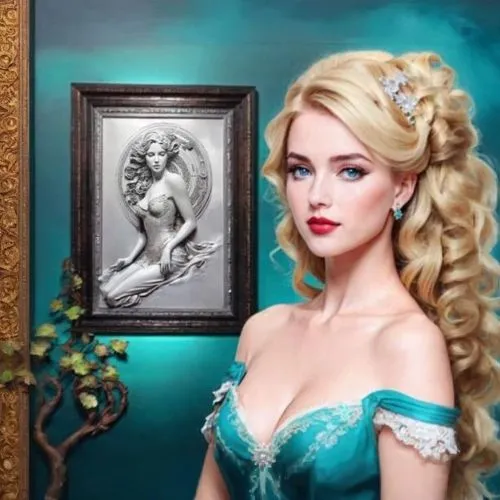 elsa,emile vernon,doll looking in mirror,cinderella,fantasy portrait,fantasy art,painter doll,blonde girl with christmas gift,art painting,blonde woman,victorian lady,romantic portrait,artist doll,cel