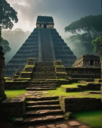 Ancient Mesoamerican temple, Aztec ruins, intricate stone carvings, stepped pyramid, vibrant turquoise accents, golden ornaments, lush greenery overgrowth, mysterious fog surrounding, misty morning, w