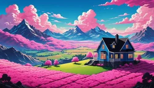 A stunning house set in a surreal landscape with vibrant pink fields, fluffy clouds, and mountains in the background. Digital art at its finest.,pink grass,candyland,home landscape,paisaje,kaleidoscap