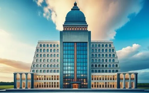 administrative building, huge volume, 8 floor building, blend of modern and classical architecture style, huge atrium on lower level, front entrance porch,,a modern building with a dome on top at suns