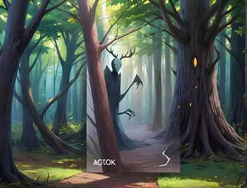 Dark woods, a slinder spectre with antlers and no face stalks behind a tree...
,an open window showing an image of trees,forest background,cartoon forest,cartoon video game background,forest path,fore