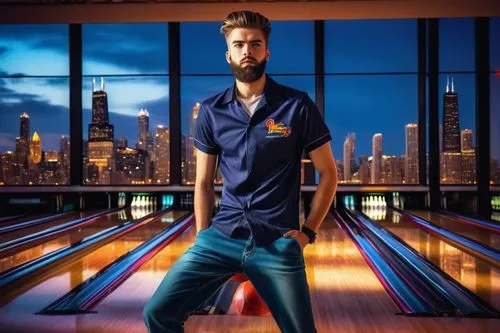 Chicago, modern skyscraper, sleek glass facade, steel beams, urban landscape, evening, neon lights, vibrant city life, retro-futuristic bowling alley interior, polished wooden lanes, colorful pins, sh