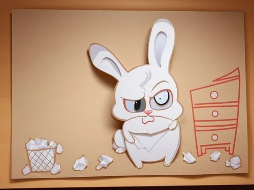 Cartoon Coelho branco com expressão brava em seu quarto amassando papel,a cartoon bunny is on the wall next to the trash,cartoon bunny,cartoon rabbit,bunni,rabbids,paper frame,jewelpet,Photography,Gen