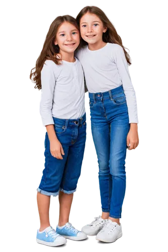 Two kids, brother and sister, happy, smiling, playful, casual wear, white shirt, blue jeans, sneakers, messy brown hair, bright blue eyes, freckles on nose, gentle facial expression, embracing, holdin