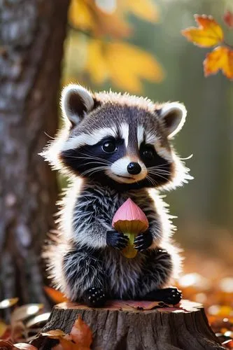 Chibi raccoon, cute, toddler-like, fluffy fur, round eyes, pink nose, tiny ears, white belly, black fur with white markings, little paws, holding a small acorn, sitting on a tree stump, autumn forest,