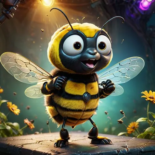 Illustrate a playful bumble bee receiving its bachelor degree as electrical engineer. Pixar, Disney, concept art, 3d digital art, Maya 3D, ZBrush Central 3D shading, bright colored background, radial 