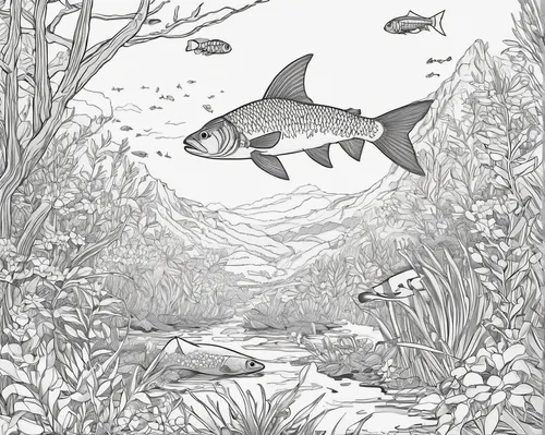 """Marlon Preuss illustration for Fish and Wildlife Service """"Find Your Way"""" coloring book""",forest fish,school of fish,requiem shark,fishes,illustration,book illustration,coelacanth,aquarium,sh