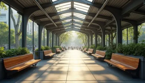 benches,pergola,walkway,bench,train platform,garden bench,wintergarden,terrace,arbor,train station passage,conservatory,biopolis,urban park,patios,winter garden,atriums,metro station,subway station,patio,wooden bench,Photography,General,Realistic