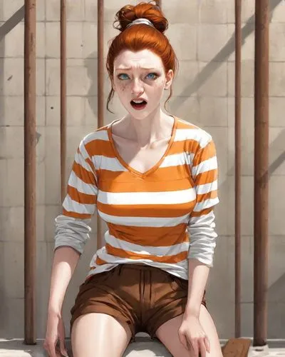 prisoner,mime artist,mime,pippi longstocking,horizontal stripes,orange,clementine,eleven,brown sailor,prison,detention,portrait of a girl,female model,tied up,cosplay image,striped background,striped,girl sitting,captivity,arbitrary confinement,Digital Art,Comic