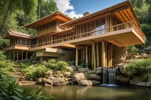 fallingwater,asian architecture,tropical house,forest house,beautiful home,house in mountains,Photography,General,Realistic