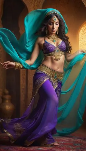 Female genie, Middle Eastern, magical, slender figure, bare midriff, exotic belly dancer costume, intricate gold accessories, flowing silk pants, transparent veil, mystical smoke, genie lamp, ornate A