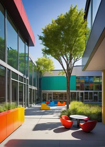 Modern architecture, Charter School, vibrant colors, angular lines, glass walls, steel beams, open courtyard, green roof, eco-friendly materials, natural light, collaborative learning spaces, flexible