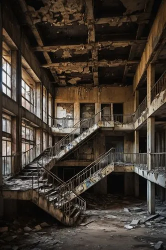 Cracked skyscraper, abandoned building, worn-out concrete, rusty steel beams, shattered windows, broken elevator, debris-filled hallway, dimly lit staircase, peeling paint, water-damaged ceiling, negl