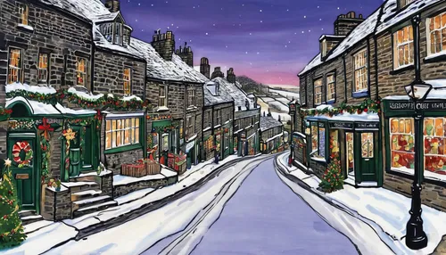 christmas snowy background,christmas landscape,otley,the cobbled streets,christmas town,robin hood's bay,christmas wallpaper,shaftesbury,christmas snow,snow scene,falkland,winter village,christmas banner,houses clipart,medieval street,townscape,yorkshire,christmas carol,whitby,snowy landscape,Illustration,Paper based,Paper Based 10