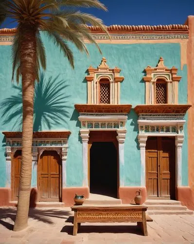 Bolivian architecture, colorful colonial-style building, vibrant turquoise walls, intricate stone carvings, ornate wooden doors, terracotta roof tiles, grand courtyard, fountain, palm trees, Andean pa