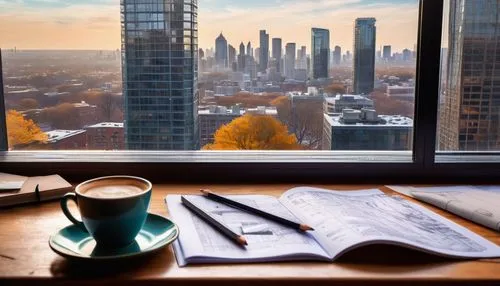 coffee and books,window view,beautiful morning view,coffee break,window sill,office desk,blur office background,modern office,coffee background,windows wallpaper,city view,a cup of coffee,windowsill,workspaces,telecommuting,mattino,autumn morning,telework,coffee time,working space,Illustration,Paper based,Paper Based 06