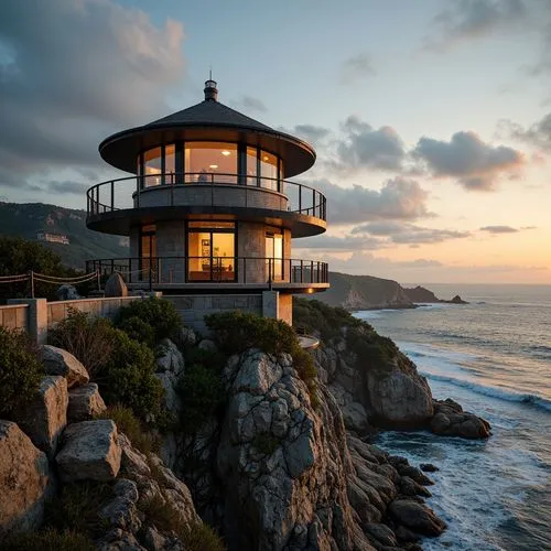 Watchtower on coastal cliff, rugged rock formations, crashing ocean waves, salty sea air, nautical themed architecture, wooden decking, rope railings, lantern-style lighting, weathered stone walls, cu