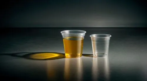 only one single urine sample cup, Aluminium surface in a bright, clean laboratory,disposable cups,still life photography,salt glasses,isolated product image,drinking glasses,yellow cups,shot glass,pla