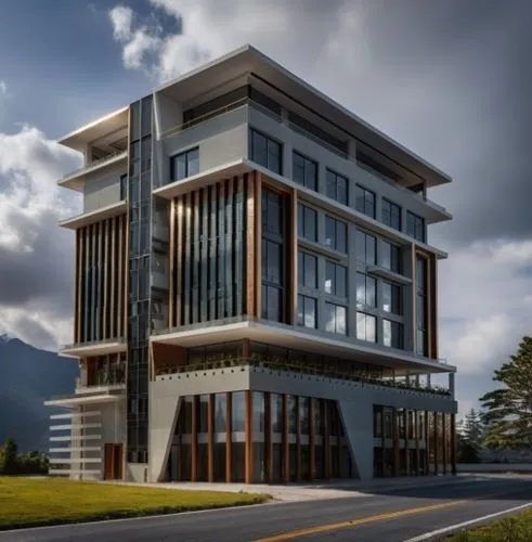 trees and roads,a building with windows is on the corner of a road,kinabalu,modern architecture,universiti malaysia sabah,modern building,snohetta,office building,uitm,ranau,modern house,papua,angsana