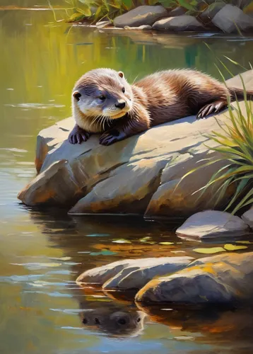 north american river otter,otters,otter,otterbaby,otter baby,sea otter,giant otter,polecat,mustelid,mustelidae,basking,aquatic mammal,beaver,platypus,porpoise,perched on a log,river cooter,california sea lion,weasel,coatimundi,Conceptual Art,Oil color,Oil Color 22