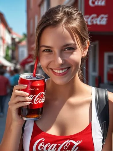 Female, smiling with a Coca Cola drink.,a young woman holding up a red can,coca cola,coca cola logo,coca,cola,cocacola,cola bylinka,Photography,General,Realistic