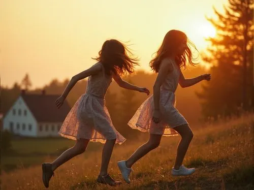 little girls walking,rhinemaidens,eurythmy,two girls,summer evening,maidens,Photography,Fashion Photography,Fashion Photography 03