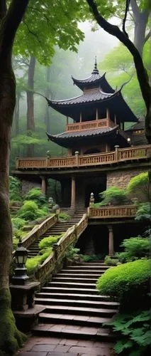 Majestic forest, ancient trees with twisted branches, intricate wooden structure, grand entrance with stone pillars, curved roof with green tiles, lanterns hanging from eaves, misty atmosphere, soft m