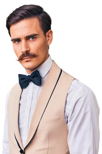 Transparent mustache, detailed facial hair, curved shape, waxed ends, brown color, thick eyebrows, masculine face, strong jawline, piercing eyes, elegant suit, white dress shirt, black bow tie, confid