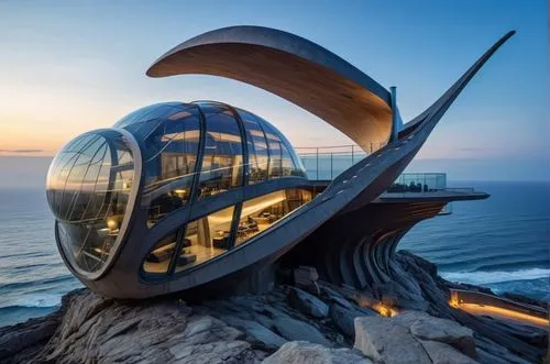 an architectural masterpiece inspired by the elegant and organic form of a snail. The building should be perched on a majestic cliff, offering panoramic views of the ocean. The design should incorpora