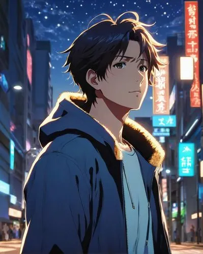 The night sky is illuminated by the soft glow, as a vibrant and captivating anime man dressed in a oversized jacket walks along the streets of a sprawling city. The man is surrounded by a diverse rang