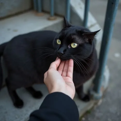 Generate a close-up photograph featuring a black cat and a human hand, with the cat gently sniffing or nuzzling the person's finger. The cat is positioned in profile, with its face tilted slightly upw