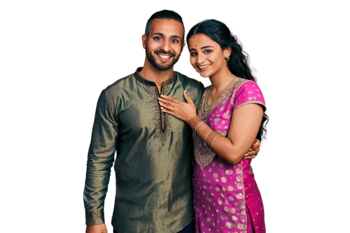 Couple, Indian, romantic, beautiful woman, handsome man, dark skin, traditional clothing, saree, kurta, dupatta, bindi, henna on hands, nose ring, smiling faces, embracing, gentle touch, soft focus, w