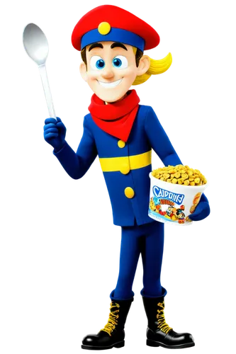 Captain Crunch, cartoon character, yellow skin, blue eyes, white hat, red scarf, golden epaulets, navy blue uniform, shiny boots, holding spoon, breakfast cereal box, dynamic pose, energetic expressio