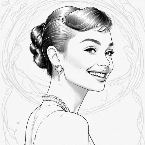 a woman smiling while wearing a diamond necklace,audrey hepburn,hepburn,audrey hepburn-hollywood,star line art,coloring page,angel line art,Design Sketch,Design Sketch,Detailed Outline