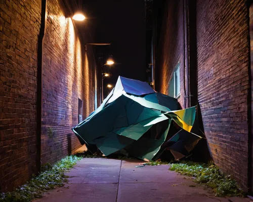 Write a thrilling mystery story that takes place in a dark alley at night.,unhoused,tent camp,tents,camping tents,tent,alleyway,green folded paper,tent camping,urban art,alley,polygonal,folding,shelte